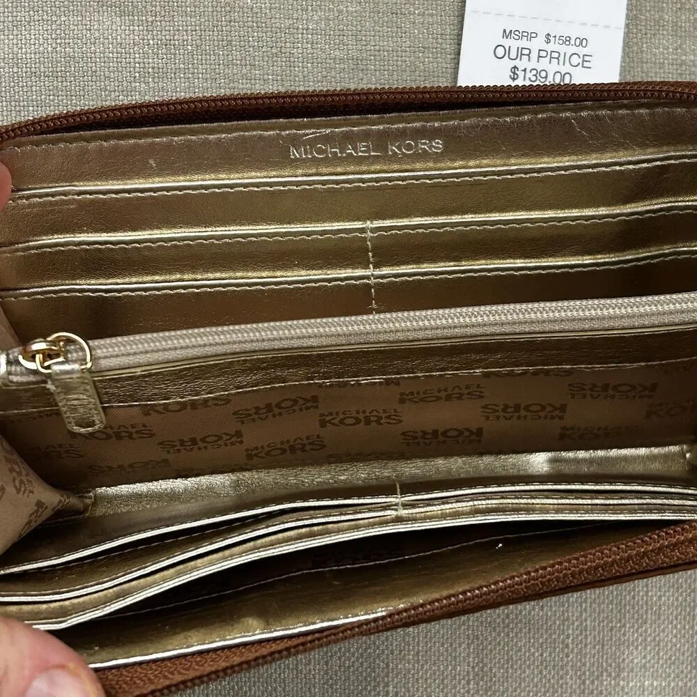 New Michael Kors Jet Set Zip Around Wallet Brown Pebble Leather Gold Logo NWT